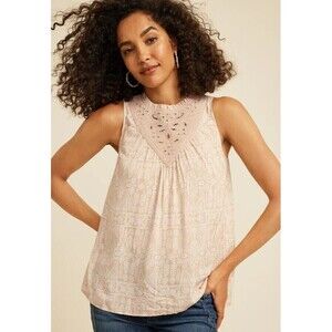 Maurices Womens‎ Embroidered Yoke Detail High Neck Tank Top Ivory Plus 1X Eyelet